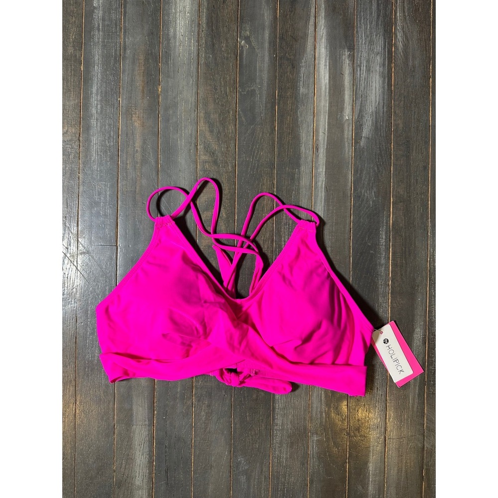 Holipick Hot Pink Wrap Front Criss Cross Back Bikini Top Womens